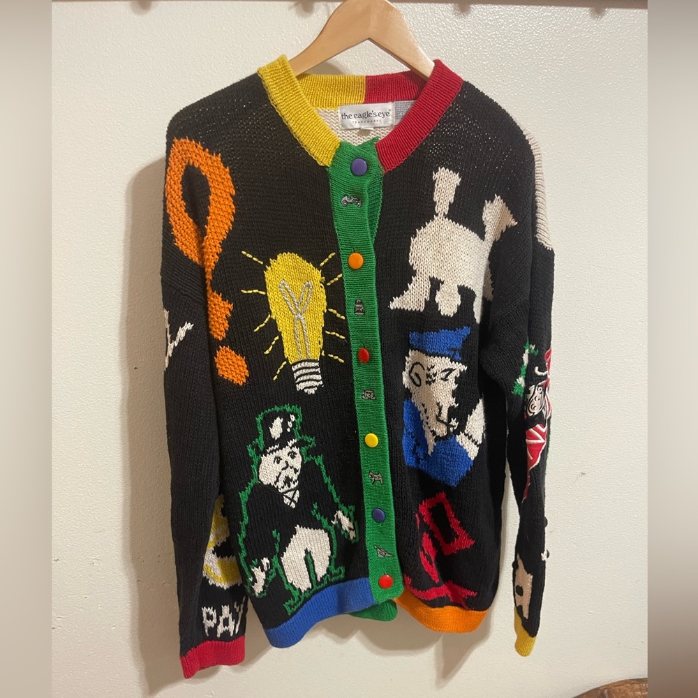 Vintage The eagles eye MONOPOLY knit kitsch niche grandma cardigan sweater